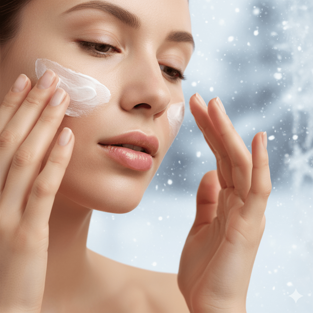 Woman applying moisturizer during winter skincare routine Woman applying moisturizer during winter skincare routine
